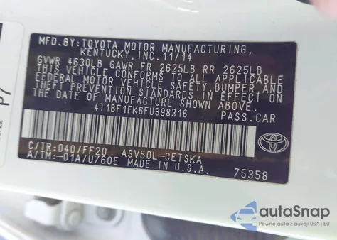 2015 Toyota Camry Se z USA, uszkodzony, nr VIN 4T1BF1FK6FU898316
